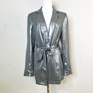 Maeve Anthropologie Blazer Jacket Silver Metallic Shimmer New Size 4 Belted Gray